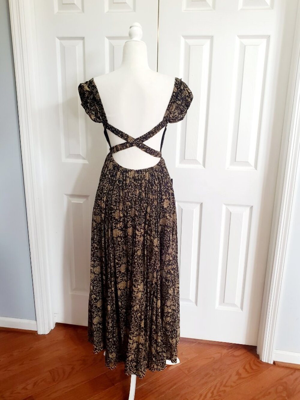 Free People Black Brown Floral Maxi Dress Boho Off Shoulder Open Back Cotton - Picture 3 of 16